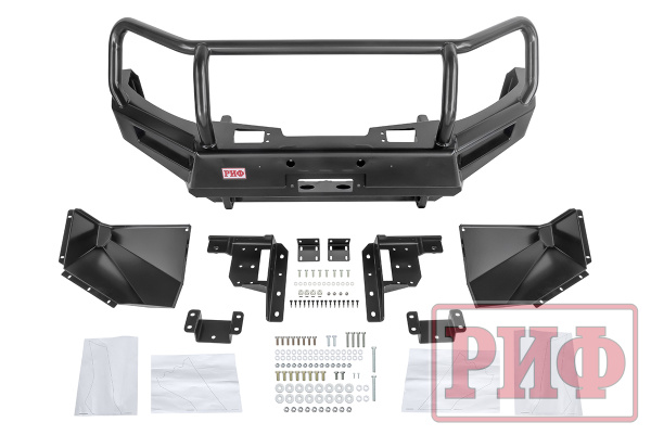 Бампер РИФ силовой передний Mitsubishi Pajero Sport 2015-2020 под доп. фары, с защитной дугой и защитой бачка омывателя (фары в комплект не входят)