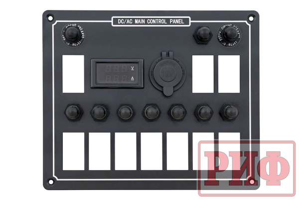 Панель монтажная для 10 переключателей с индикацией, с вольтметром, с розеткой 12В