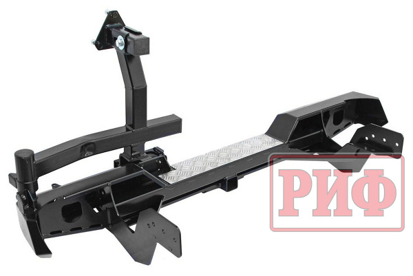 Бампер РИФ задний Mitsubishi L200 2005-2015 (кузов 1350 мм) с квадр. под фаркоп, калиткой и фонарями