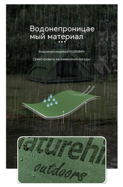 2.Палатка туристическая Naturehike 3-местная, быстросборная, алюминиевый каркас, серо-зеленая