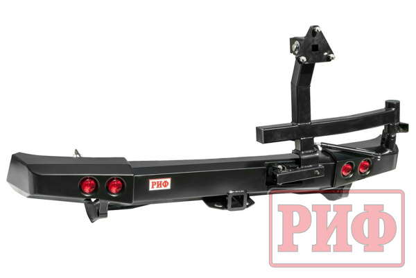 Бампер РИФ силовой задний Mitsubishi Pajero Sport 2009-2015 с квадратом под фаркоп, калиткой, фонарями, подсветкой номера