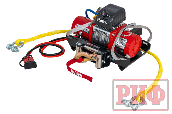 Лебёдка переносная РИФ 9.5XS c квадратом для фаркопа и проводами в сборе, короткий барабан, стальной трос (облегченная)
