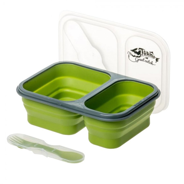 2 Контейнер Tramp силиконовый 2 отсека, ложка-вилка (900мл, оливковый)