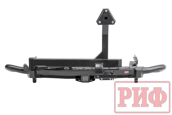 Бампер РИФ силовой задний Mitsubishi Pajero Sport 2015+ c квадр. под фаркоп, калиткой, подсвет. ном.